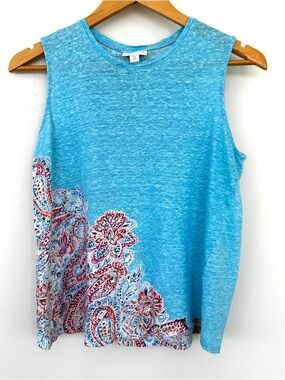 J. Jill Turquoise with Paisley Hem Tank Top, Loose Fitting, Linen Knit